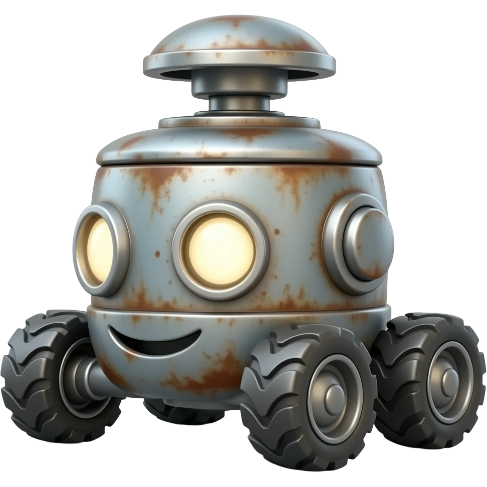 Cute 3D emoji-style rusty machine on four wheels, glowing round headlights, toy-like, gray metal with rust, soft lighting, clean background emoji