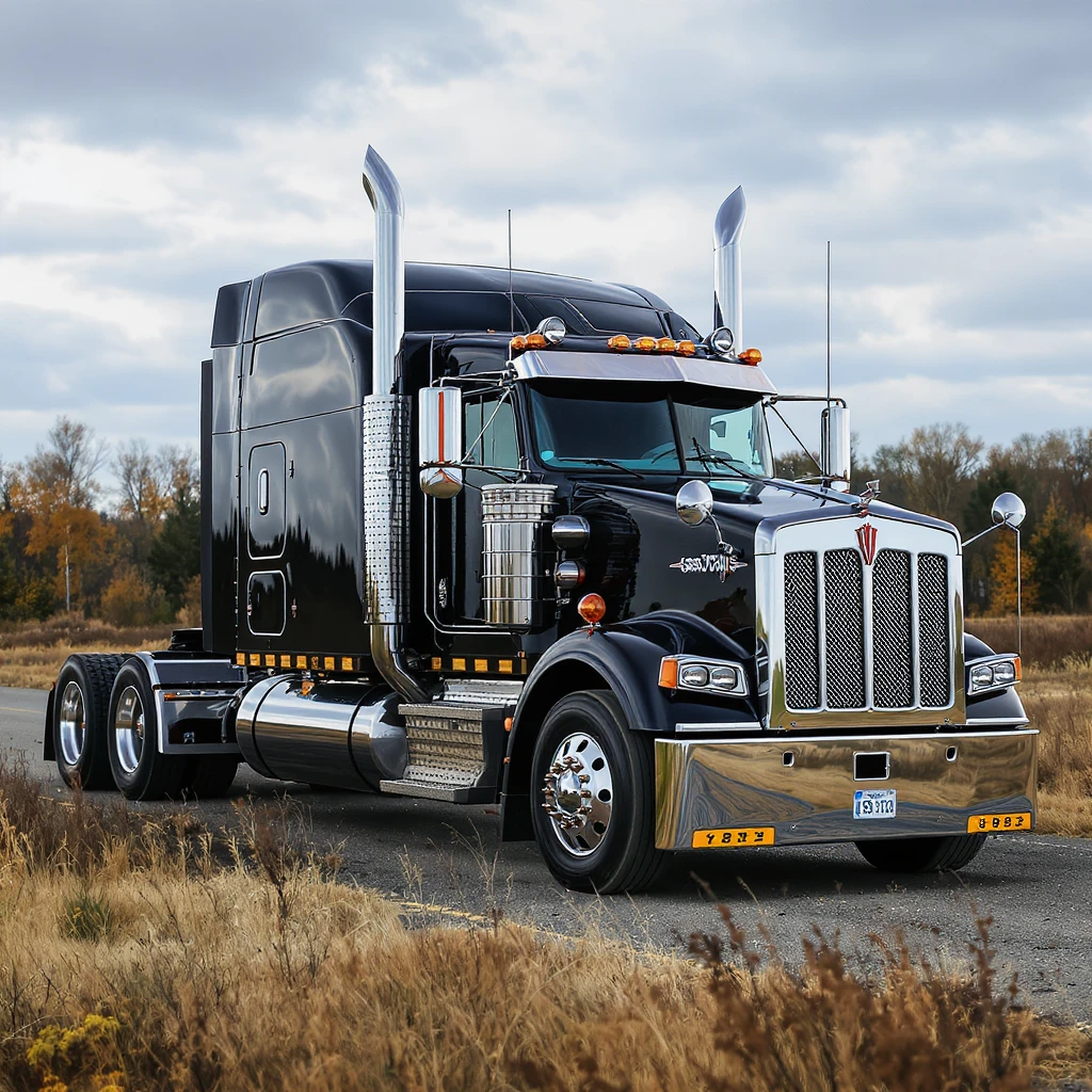 lifelike 2026 black Kenworth T680 Flat Top semi sleeper with shiny chrome stacks, clean and sharp, isolated on transparent background emoji