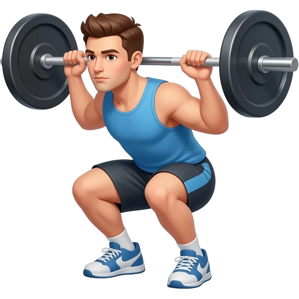 A fit young man doing a barbell squat, 3/4 view emoji
