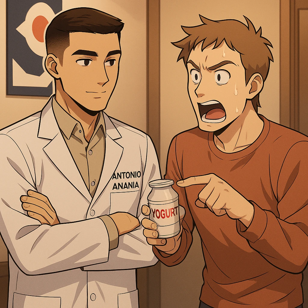 fai un webtoon manga a colori con questo stile, in cui un uomo chiede al kinesiologo con il camice bianco (fagli anche la scritta "ANTONIO ANANIA" SUL CAMICE, una domanda e il kinesiologo gli risponde, L'UOMO INDICA LO YOGURT CHE HA IN MANO ED è MOLTO ALLARMATO NEL FARE LA DOMANDA. non fare i fumetti però, fai solo in modo che sembri stiano parlando emoji