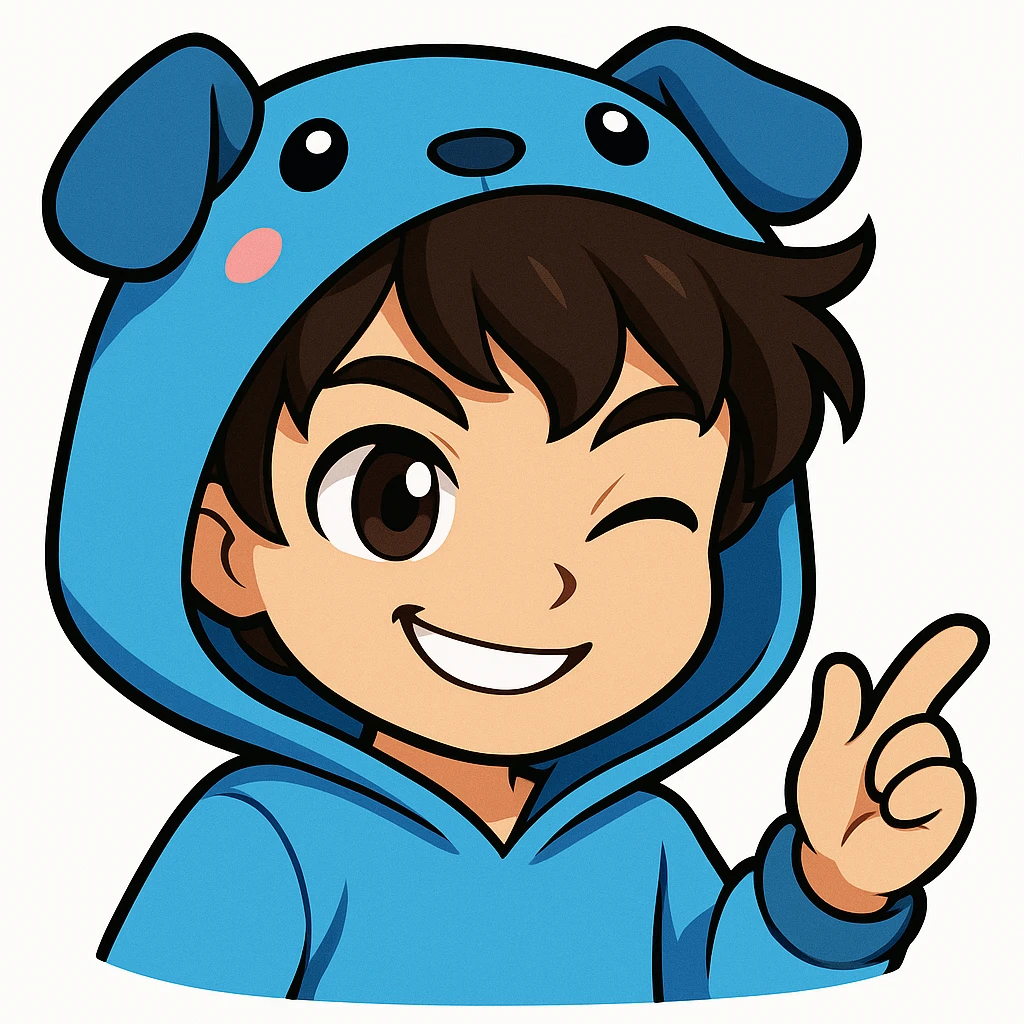 Edit the boy's face to have a flirty, winking expression, keeping the original cartoon style and quality consistent with chibi stickers style. emoji