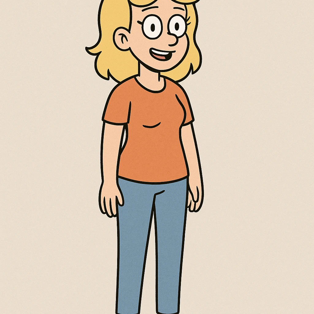 woman with blond hair standing, full body, orange shirt, cartoon style emoji