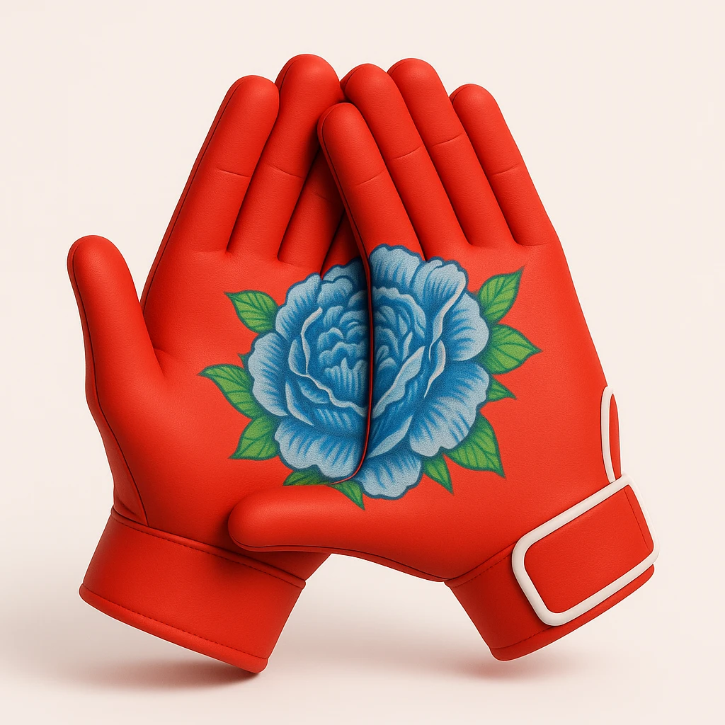 Create a realistic 3D pair of red batting gloves, held together with palms facing out. When the palms are together, they reveal the exact blue carnation tattoo design from the first reference image, split across both palms in the style and layout of the second reference image (the pirate gloves). The gloves should look realistic and 3D with the carnation tattoo split precisely across the palms as shown in the pirate gloves reference. emoji