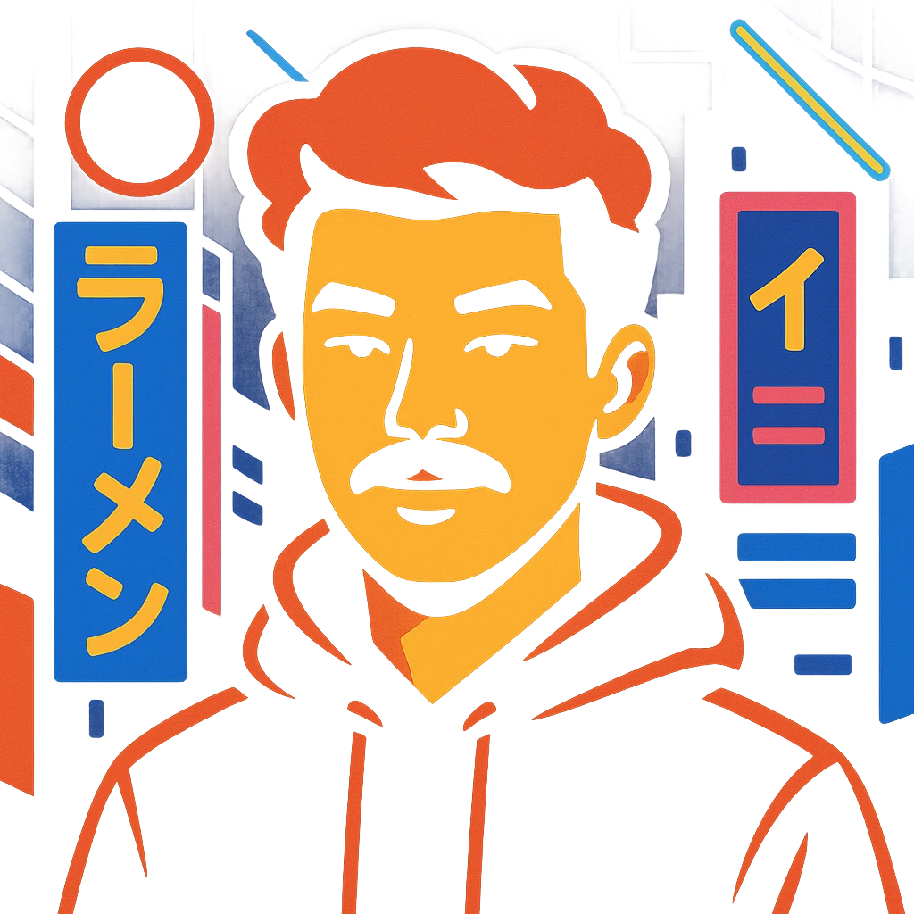 Asian man with black mustache, red hair, black hoodie, neon lights, Japanese cyberpunk anime style emoji