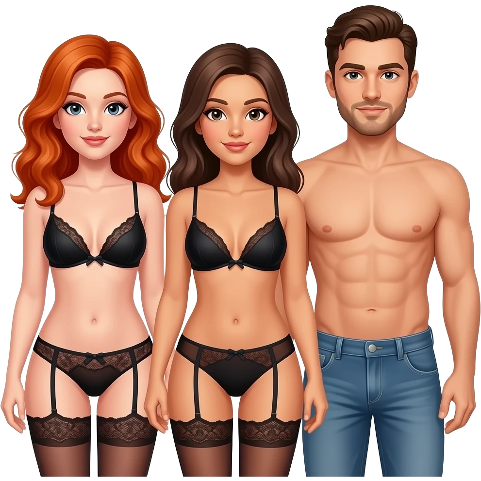 Sexy threesome. 2 women one male. 1 redhead women, 1 brunette women. Man to have brunette hair with short facial hair. Women in thong lace lingerie emoji