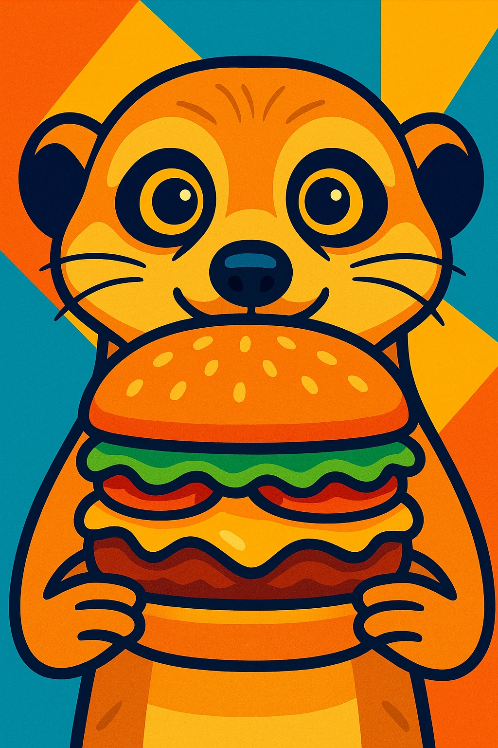 a meerkat face holding a burger in front of it, vibrant cartoon style emoji