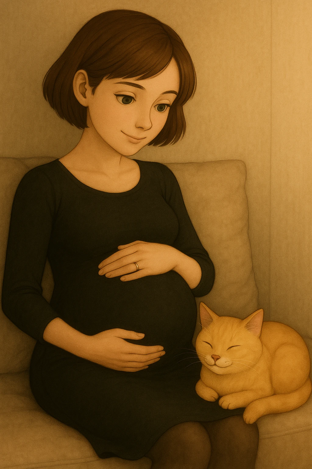 Make the girl's hair a little bit longer and put her in a black tight dress, keep her pregnant, with green eyes and a blonde cat. Maintain the original style and details of the image. emoji