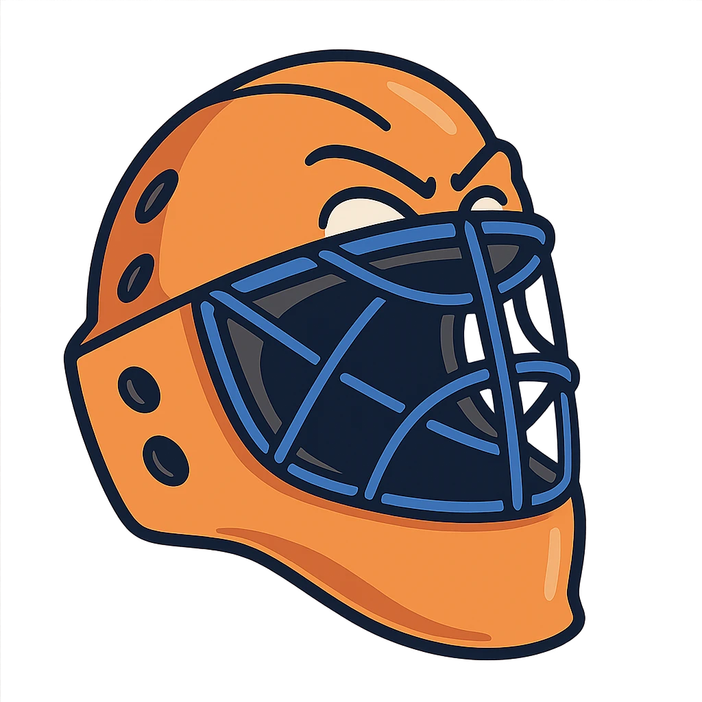 orange field hockey goalie helmet with royal blue cage and highlights, modern icon style, flat illustration style emoji