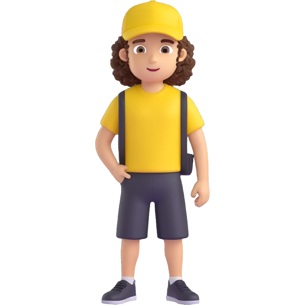 create a character, cute guy, curly, in a black t-shirt and a yellow cap, in 3d emoji