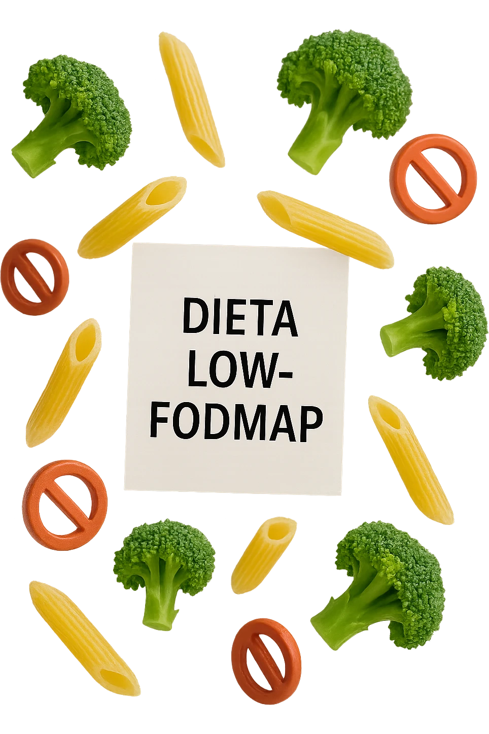 BROCCOLETTI E PENNE DI PASTA RIGATE FLUTTUANO IN ARIA insieme a piccoli divieti 3d, DAVANTI A LORO FLUTTUA UN FOGLIO CON LA SCRITTA "dieta low-fodmap" emoji