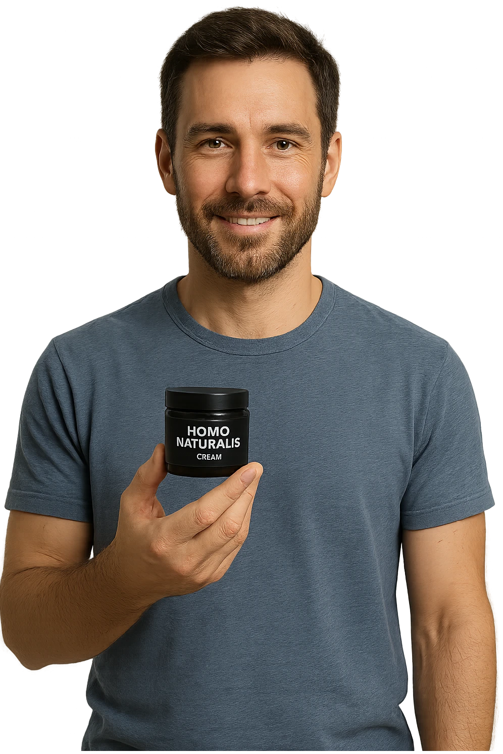 uomo con in mano un prodotto crema di marca "Homo Naturalis" emoji
