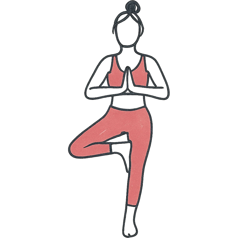 A woman standing in a tree pose (Vrksasana), wearing a sport bra and leggings in color C52975 emoji
