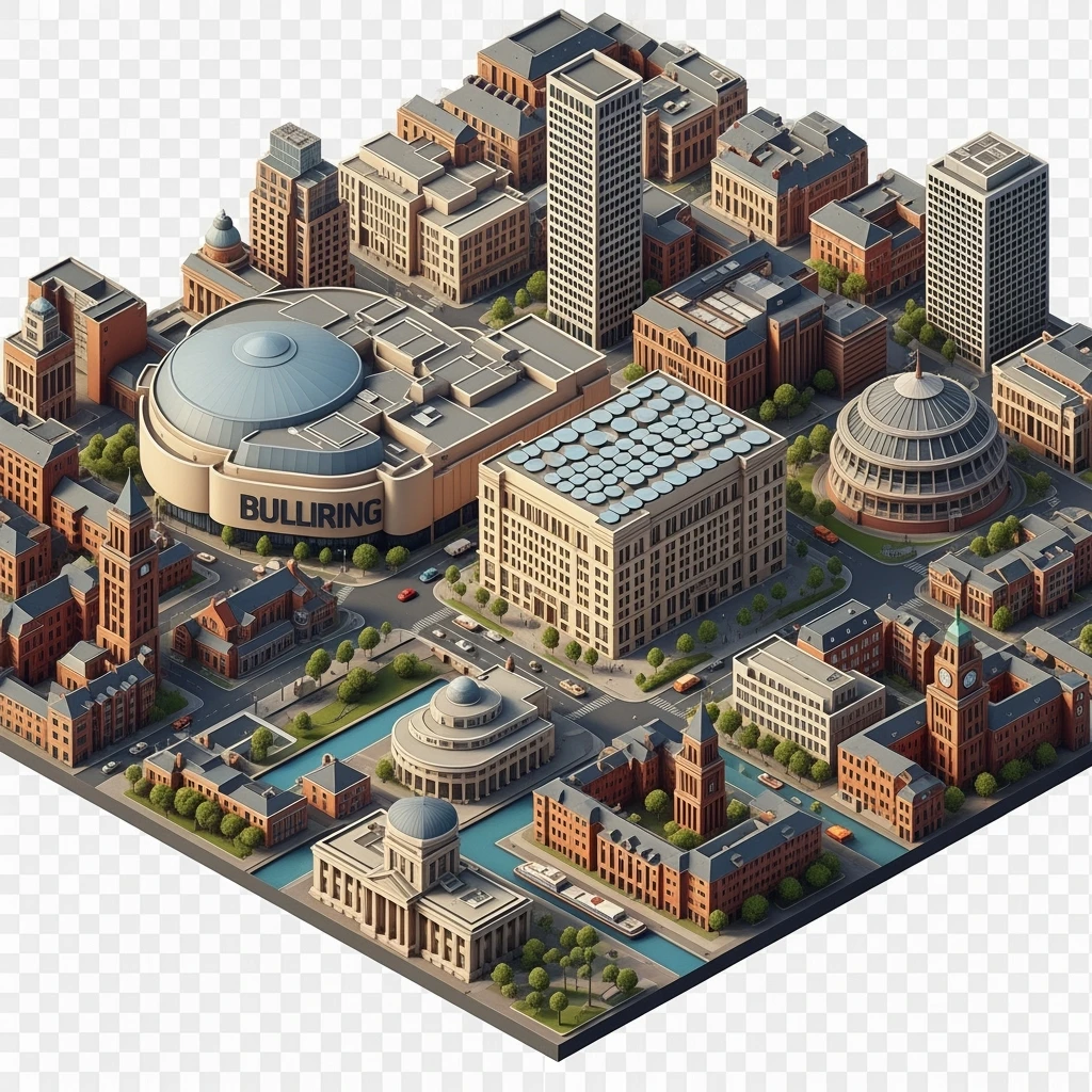 Isometric illustration of Birmingham, balanced between stylized and realistic, 3D miniature effect, transparent background. emoji