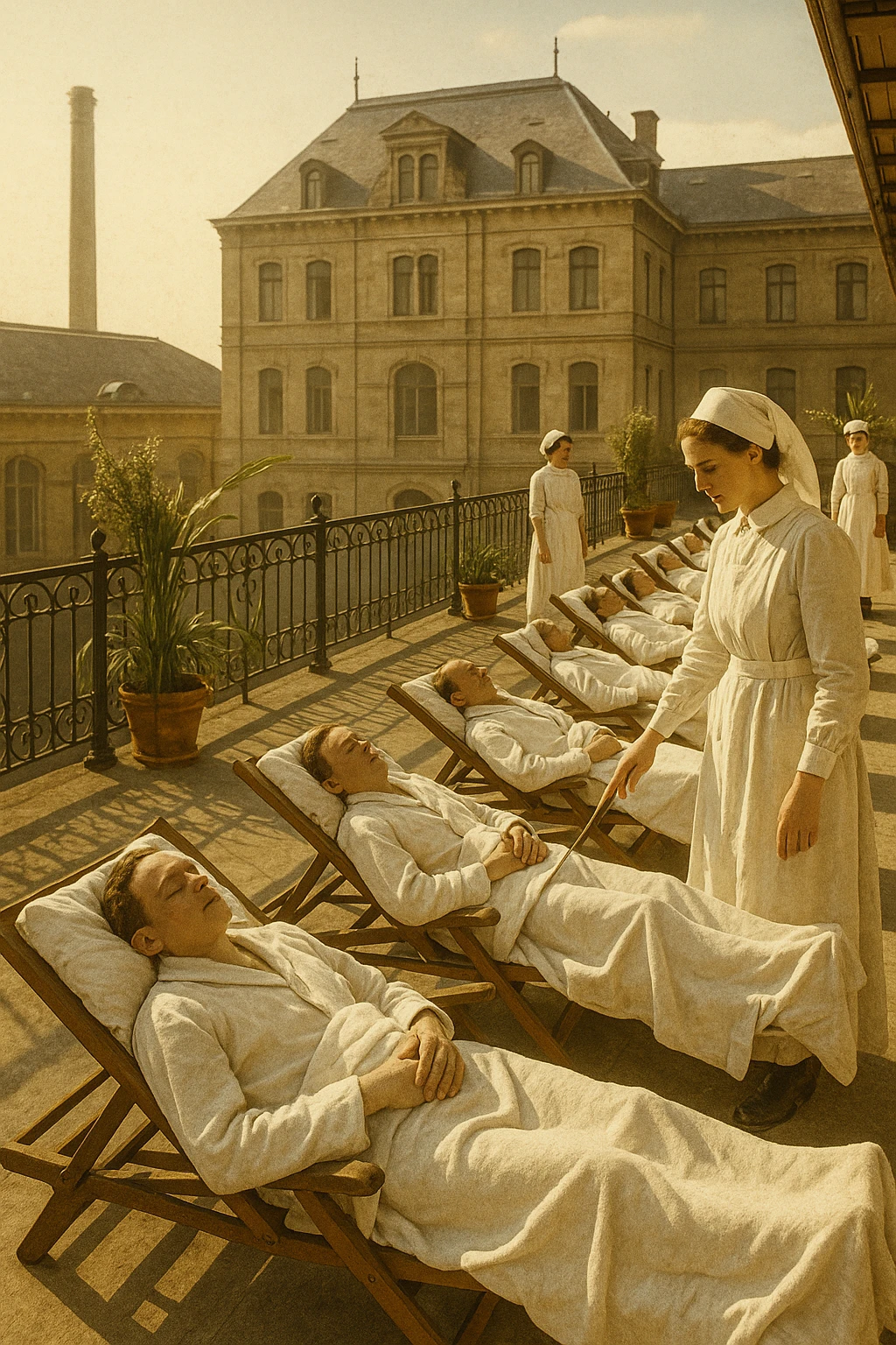 A realistic, historical cinematic illustration of a hospital rooftop solarium from the early 1900s, with patients in white robes and blankets lying on lounge chairs under the sun, receiving heliotherapy. Nurses in classic white uniforms and caps assist quietly, while the warm sunlight bathes the scene. The architecture is vintage, with iron railings, potted plants, and the backdrop of an old European hospital building. The atmosphere is calm and healing, showing patients with tuberculosis, rickets, and malnutrition benefiting from the sun’s rays to stimulate vitamin D production. The color palette is warm, with soft yellows and gentle sunlight, evoking a sense of hope and natural healing, reminiscent of historical black-and-white photographs with subtle colorization for realism emoji