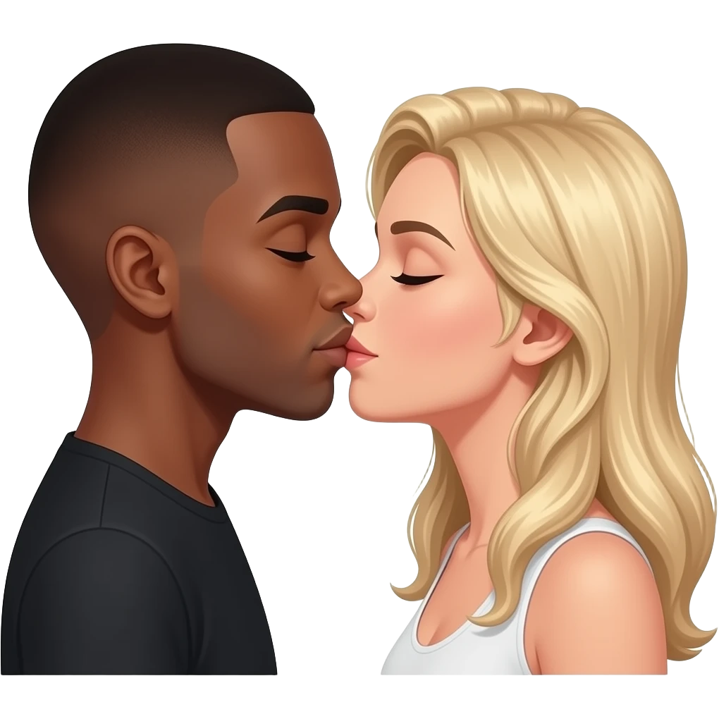 Black man with shaved head kissing blonde woman emoji