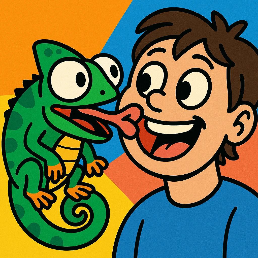 funny comic style chameleon with large eyes sticking out its tongue to lick a person's cheek emoji