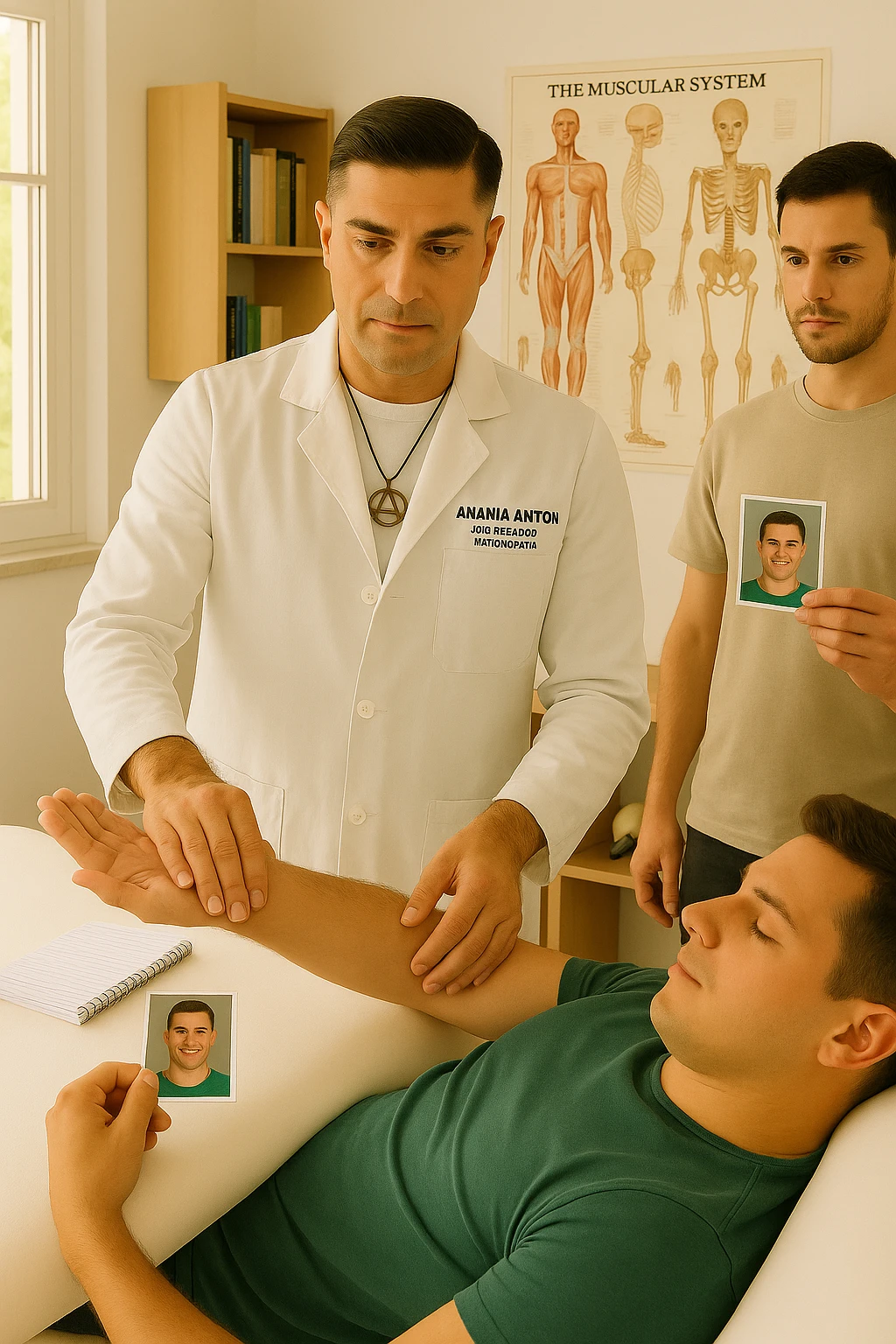 a middle-aged man, dressed in casual professional attire, is in a bright, organized therapy studio. Durante una visita di kinesiologia, il ragazzo tiene con una mano la foto di una persona lontana (il “testimone”) tiene la foto in mano, mentre con l’altra mano esegue un test muscolare su un cliente presente senza foto lui non tiene la foto. Sullo sfondo si vedono libri di kinesiologia, poster anatomici e strumenti tipici della disciplina. L’atmosfera è concentrata e serena, con luce naturale che entra dalla finestra, sottolineando l’aspetto alternativo e umano della pratica. emoji