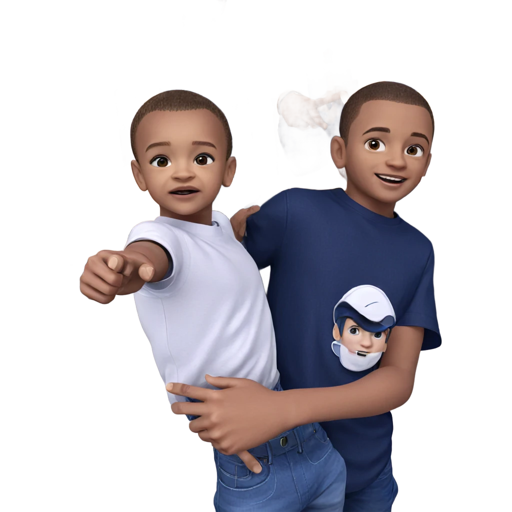 two boys in denim pointing emoji