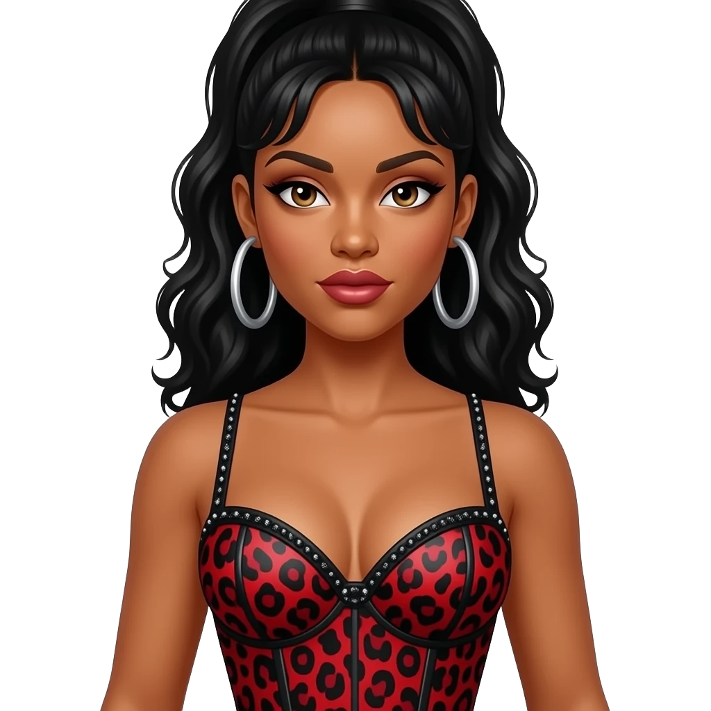 Tate McRae wears a bold red and black leopard-print corset top with sparkling black embellishments. She pairs the look with large silver hoop earrings for a fierce, high-energy stage presence. emoji