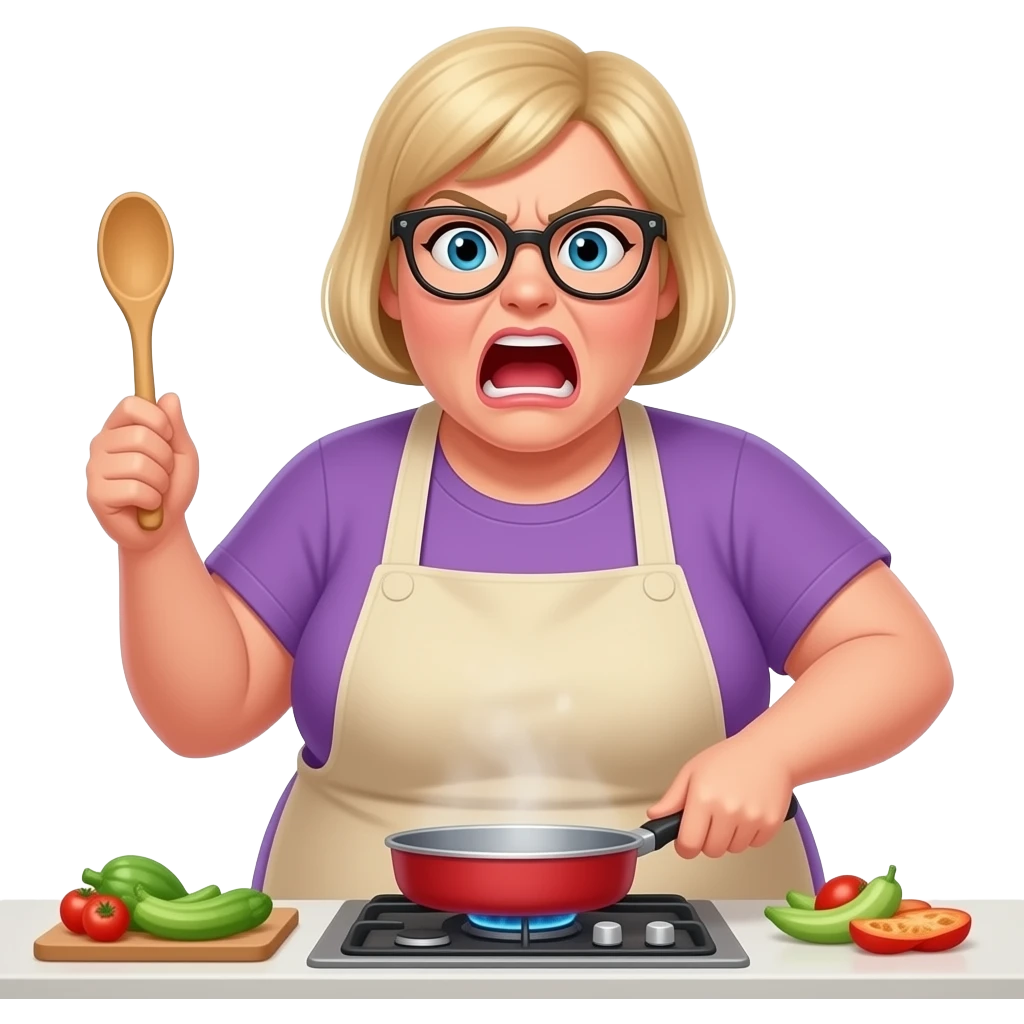 shouts angry 51 years blondie  some overweight woman cooking, glasses, wooden spoon, buzz cut emoji