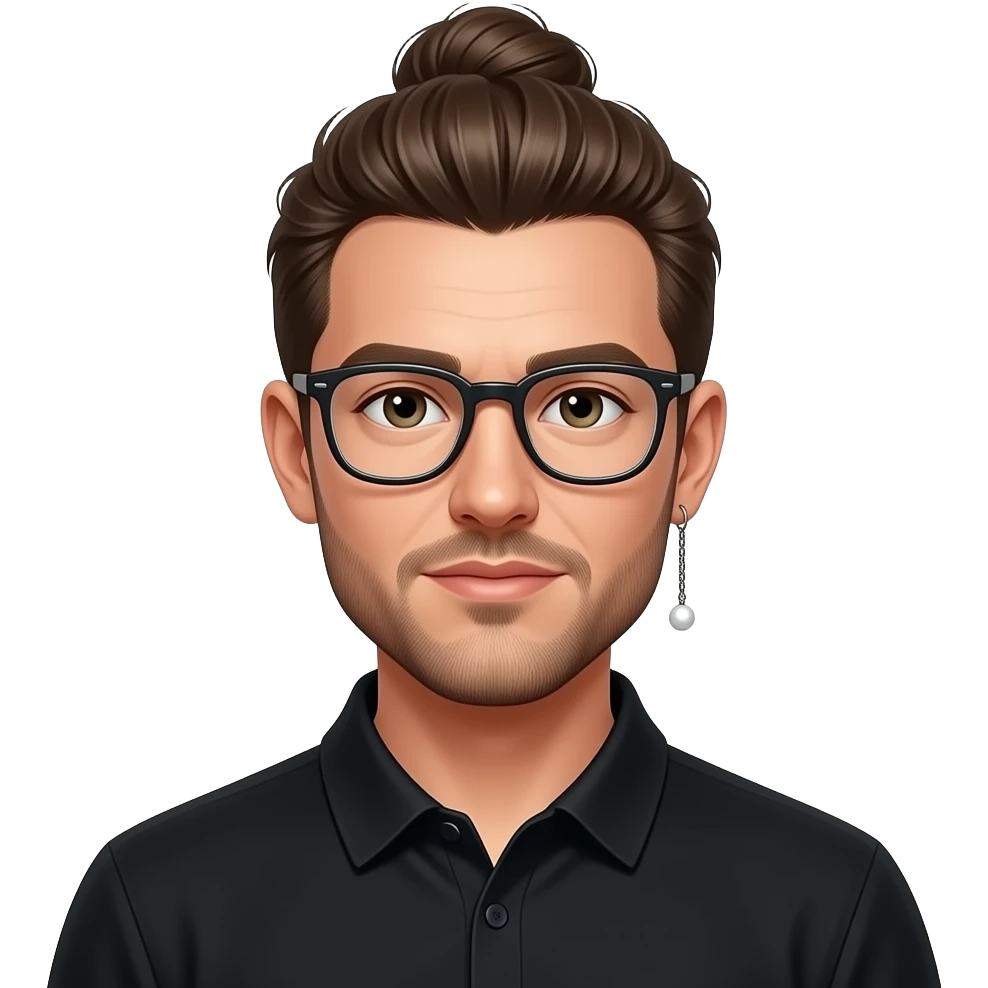 Men with a Messy bun and glasses, long earing with white pearl and black polo emoji