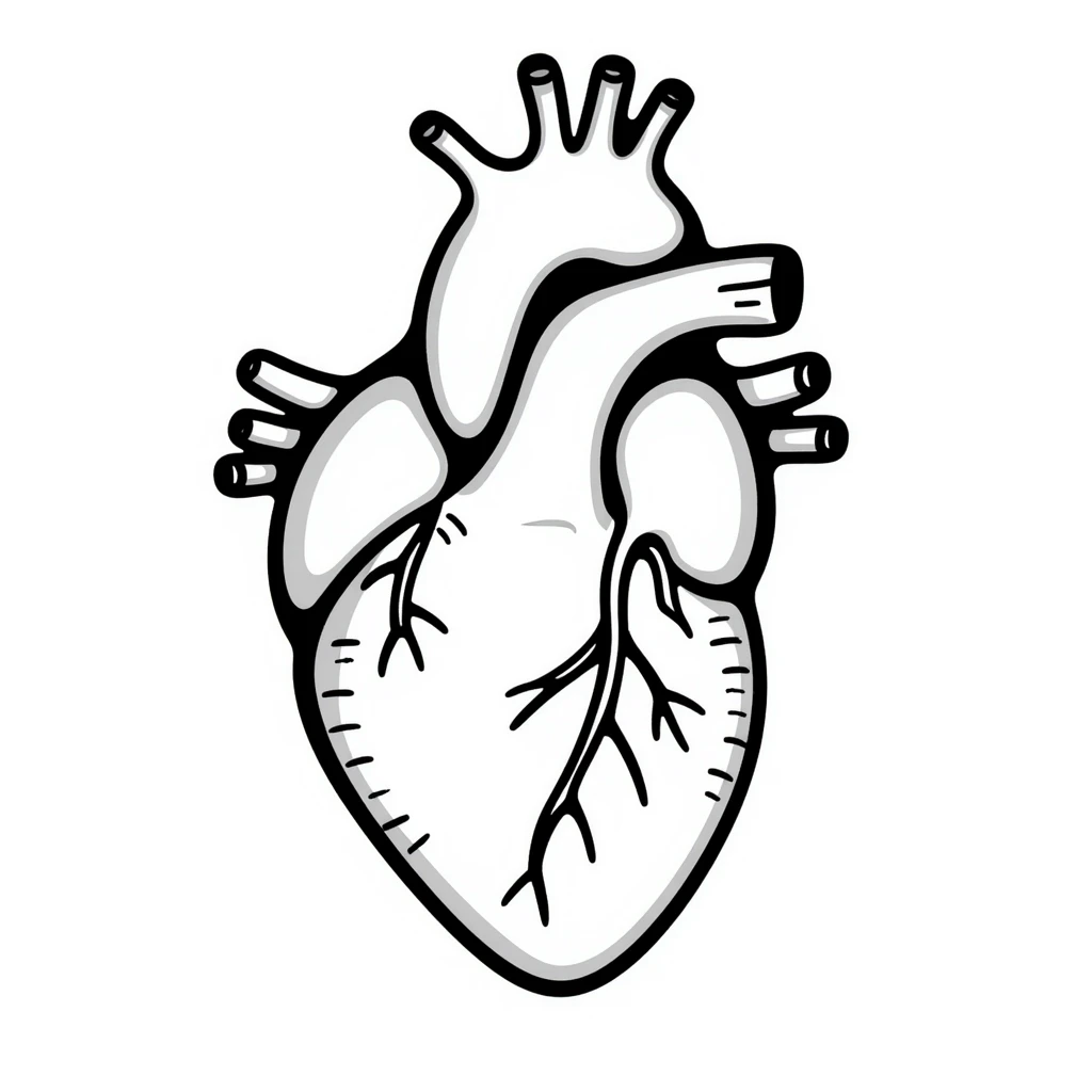 A heart drawn with hand-drawn lines, anatomical heart with chambers and arteries, medical diagram style with detailed internal structure emoji