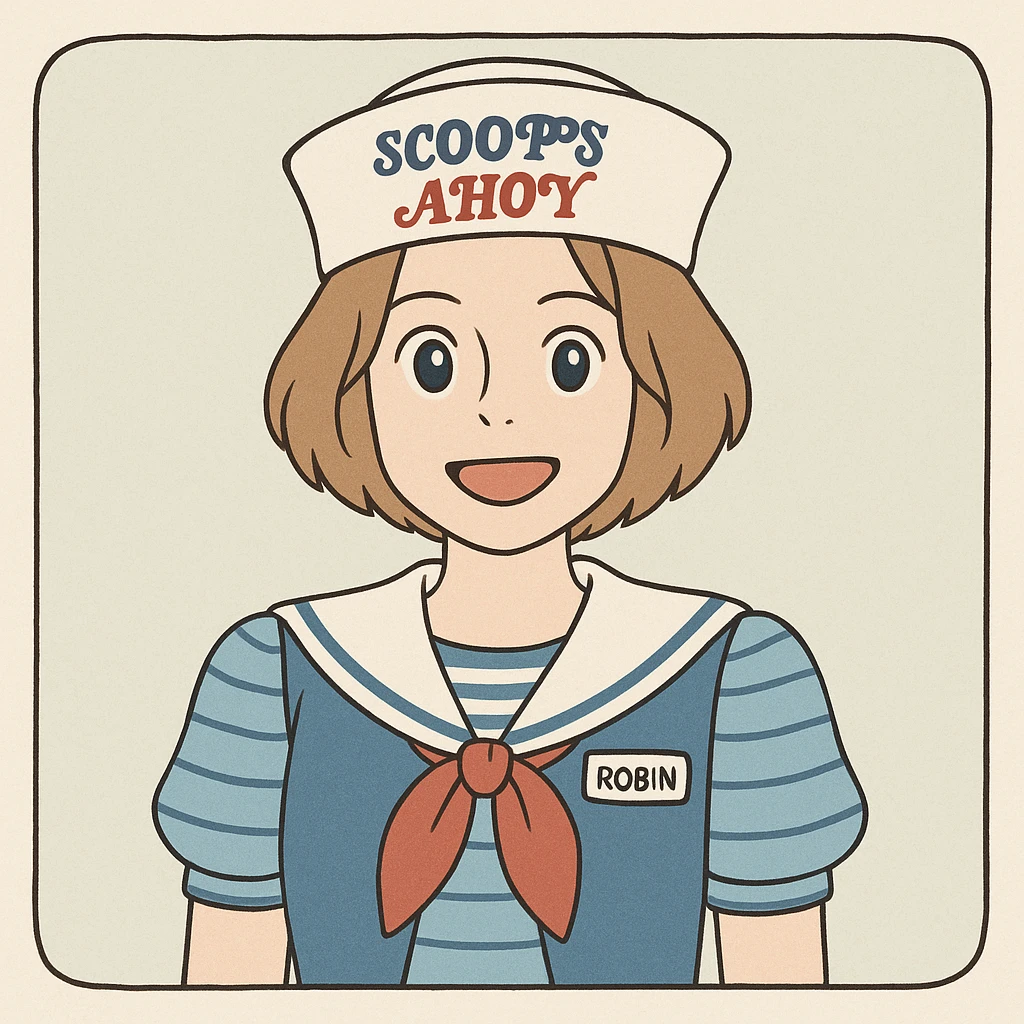 Robin Buckley from Stranger Things, iconic look: Scoops Ahoy uniform, short hair, fun expression, simple line art, light pastel tones, thick outlines, in Ghibli style, square 1:1 format. emoji