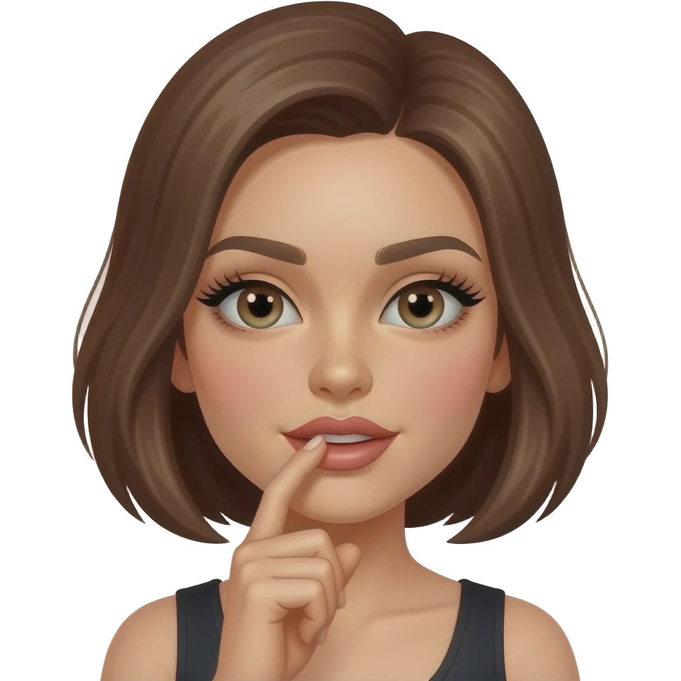 Pretty female with Short brunette hair female biting pointer finger with makeup and fake lashes emoji