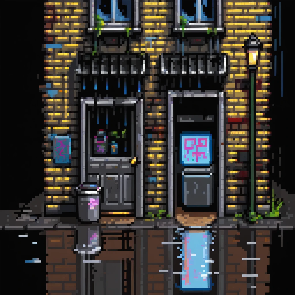 Pixel art background in side-scrolling view, inspired by classic Sega fighting games. Dark urban street in front of an old brick building, with graffiti, broken windows, metal door, trash cans, flickering neon sign, and a streetlamp. Gritty atmosphere, nighttime, subtle rain puddles on the ground. emoji
