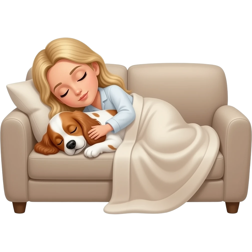 White woman with Long blond hair sleeping on sofa covered with blanket with a sleeping White/red cockerspaniel emoji