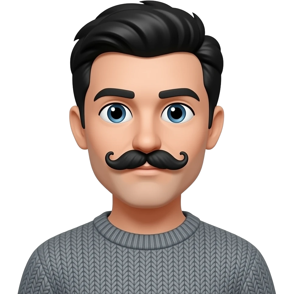 A character with a curly handlebar mustache, black hair, grey sweater. emoji