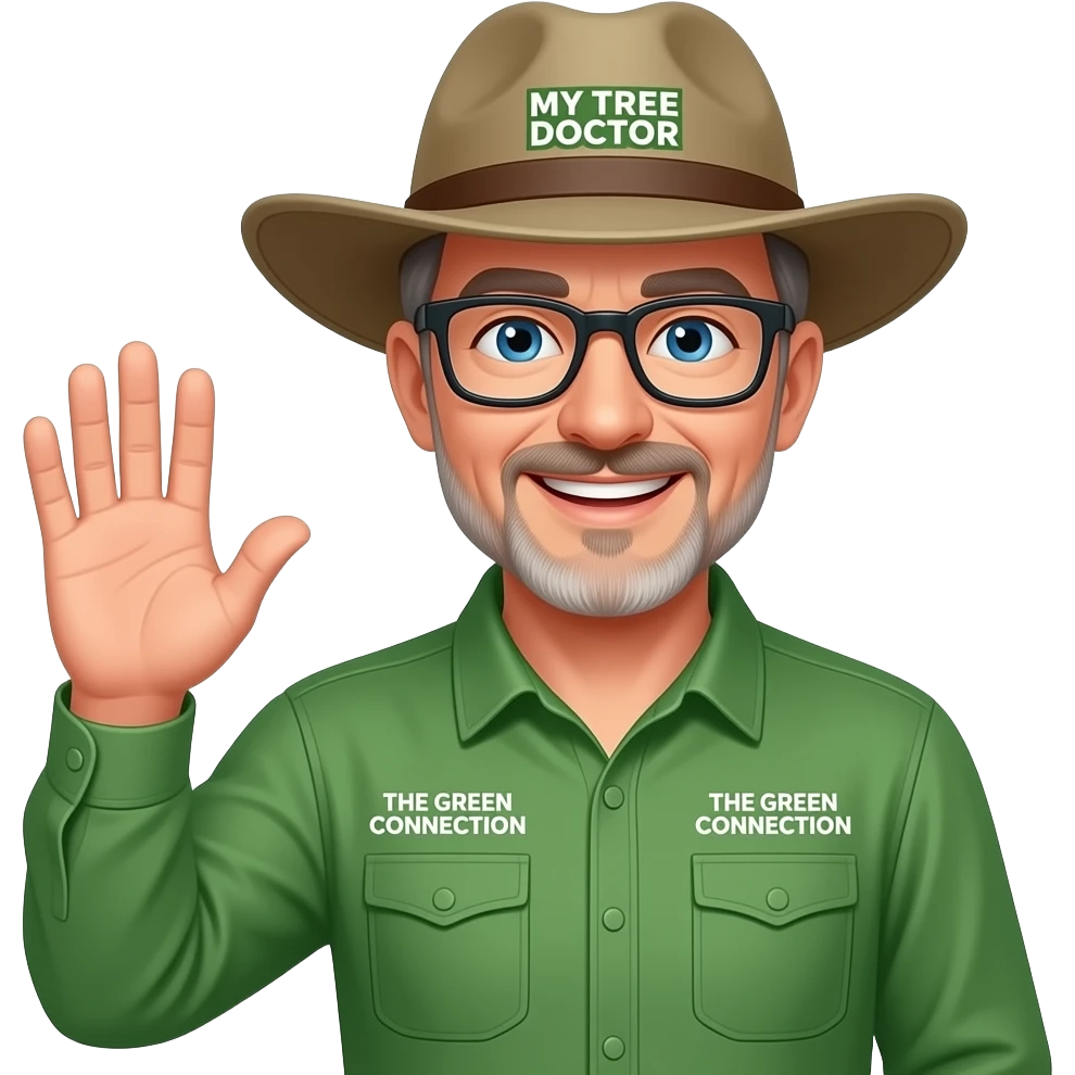 middle-aged man blue eyes. Dark-rimmed rectangle glasses, in a green-collared, long-sleeve shirt.  Flatter wider-brim Australian Akubru hat. Waving hello. Insert 'THE GREEN CONNECTION' in white directly onto the left pocket & onto the right pocket, place only the words 'MY TREE DOCTOR' emoji