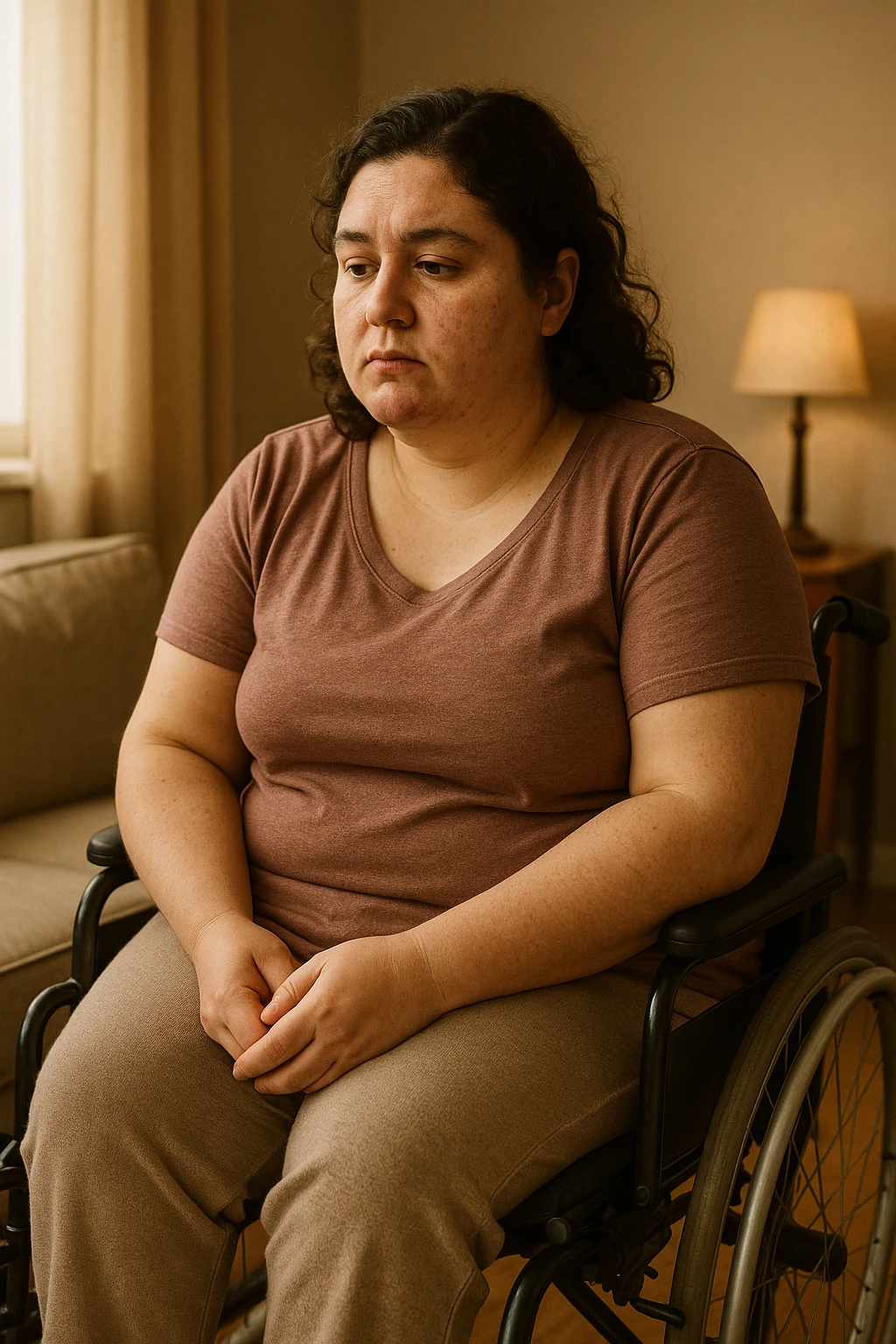 Donna con problemi difficoltà  nella mobilità che si isola a causa della sua PCOS, immagine realistica emoji
