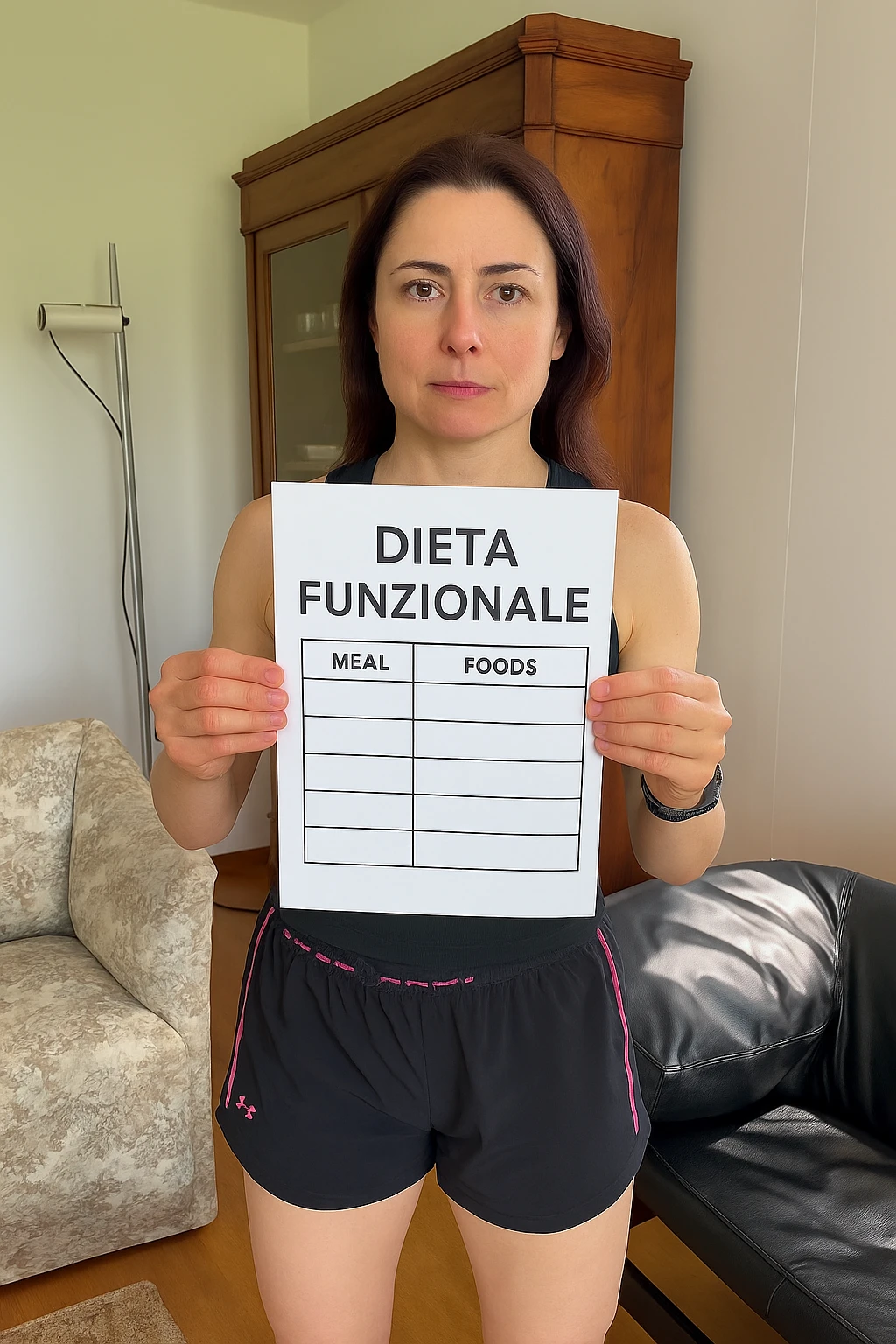 Donna con in mano una dieta con scritto "Dieta Funzionale" emoji