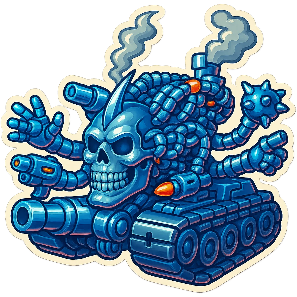 Edit the skull robot tank to have 4 distinct arms, each hand holding a different weapon. All metal parts should be shiny greyscale, with some non-metal elements featuring vibrant color accents. Maintain the retro stickers style with a clean outline and transparent background. emoji