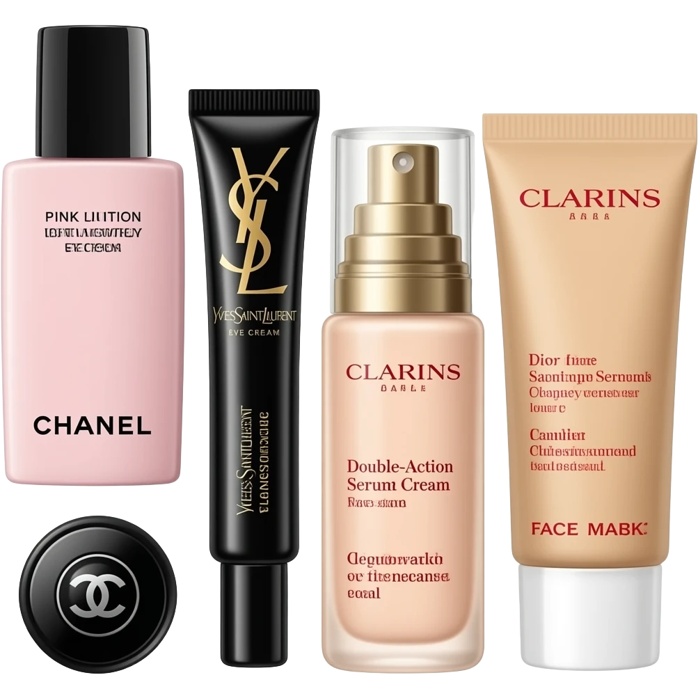 Chanel Pink Lotion, Yves Saint Laurent Eye Cream, Dior Face Cream, Clarins Double-Action Serum, and Chanel Cleanser and Face Masks emoji