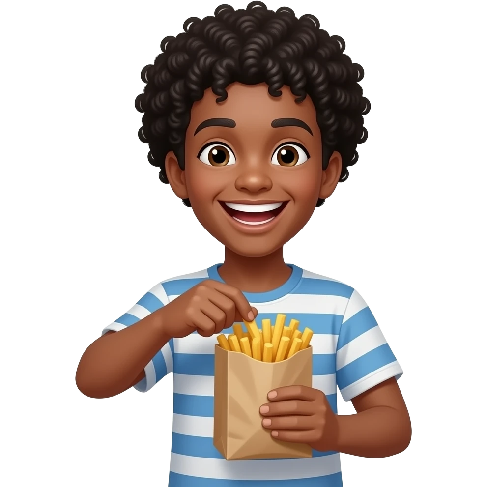 Black emoji teen with Afro laughing while putting fries in the bag emoji
