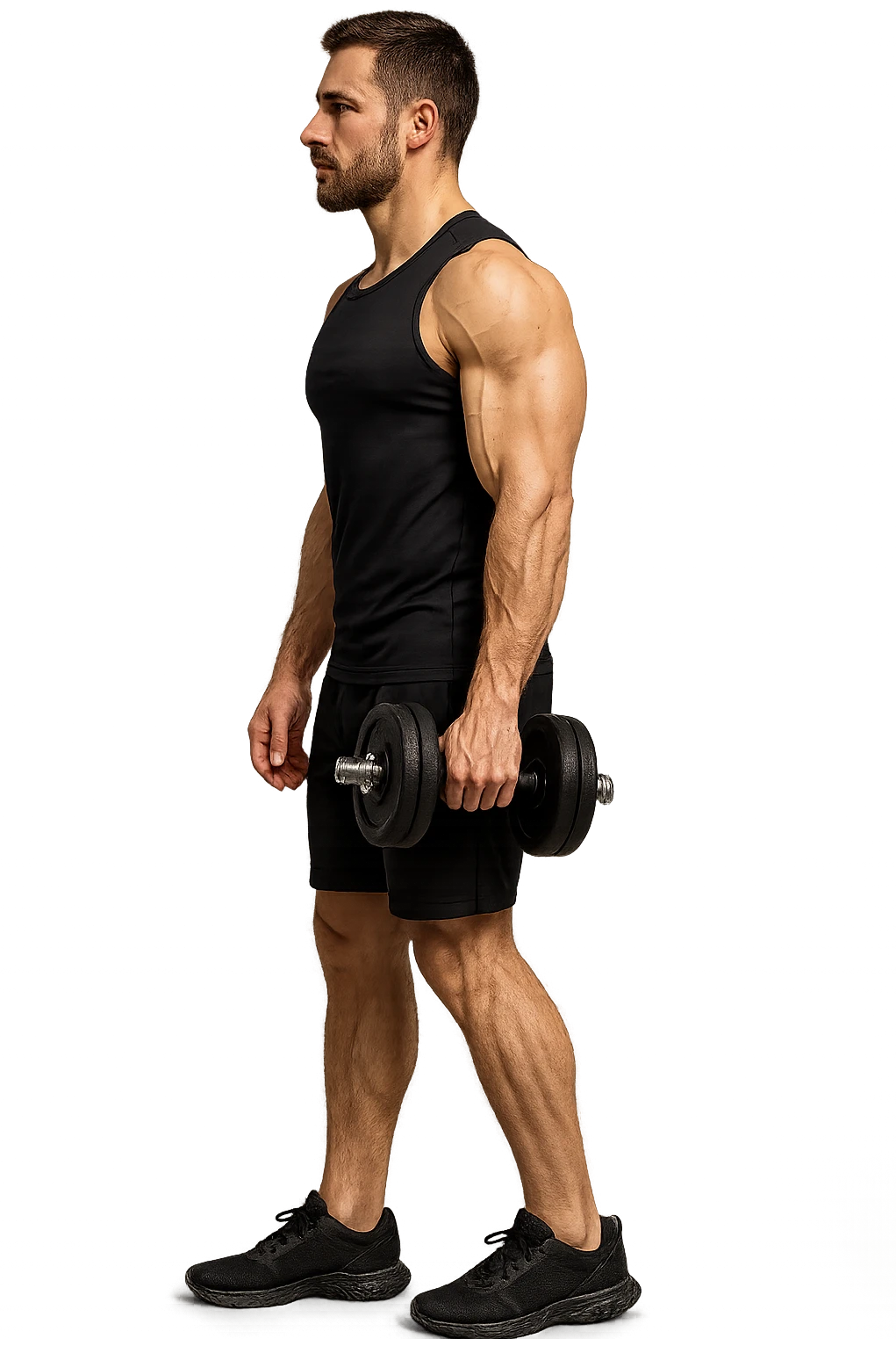 uomo fitness di profilo a figura intera con manubrio da palestra in mano, iperrealistico 4k emoji