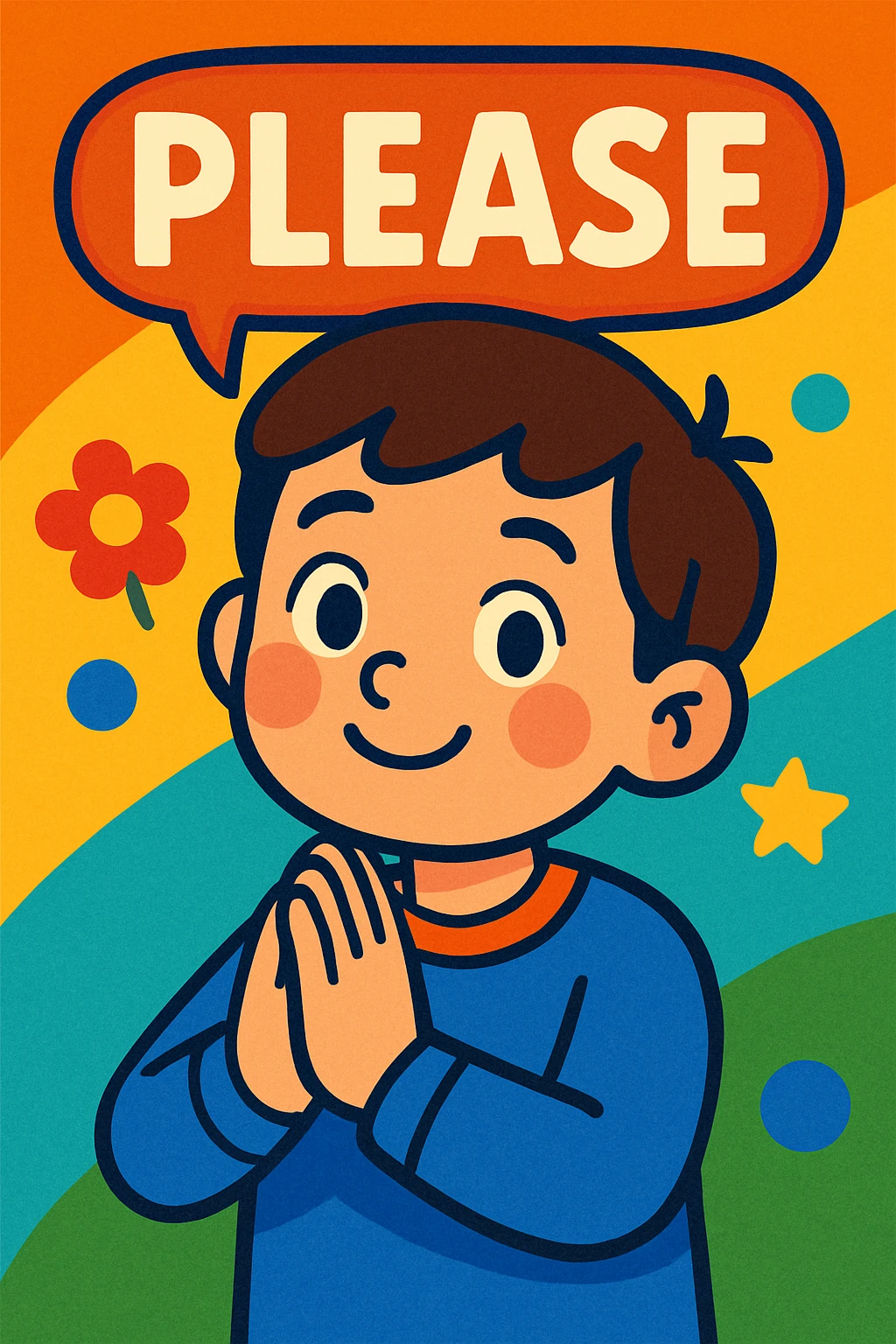 a child saying 'please' with a gentle gesture, etiquette theme, vibrant toon style emoji