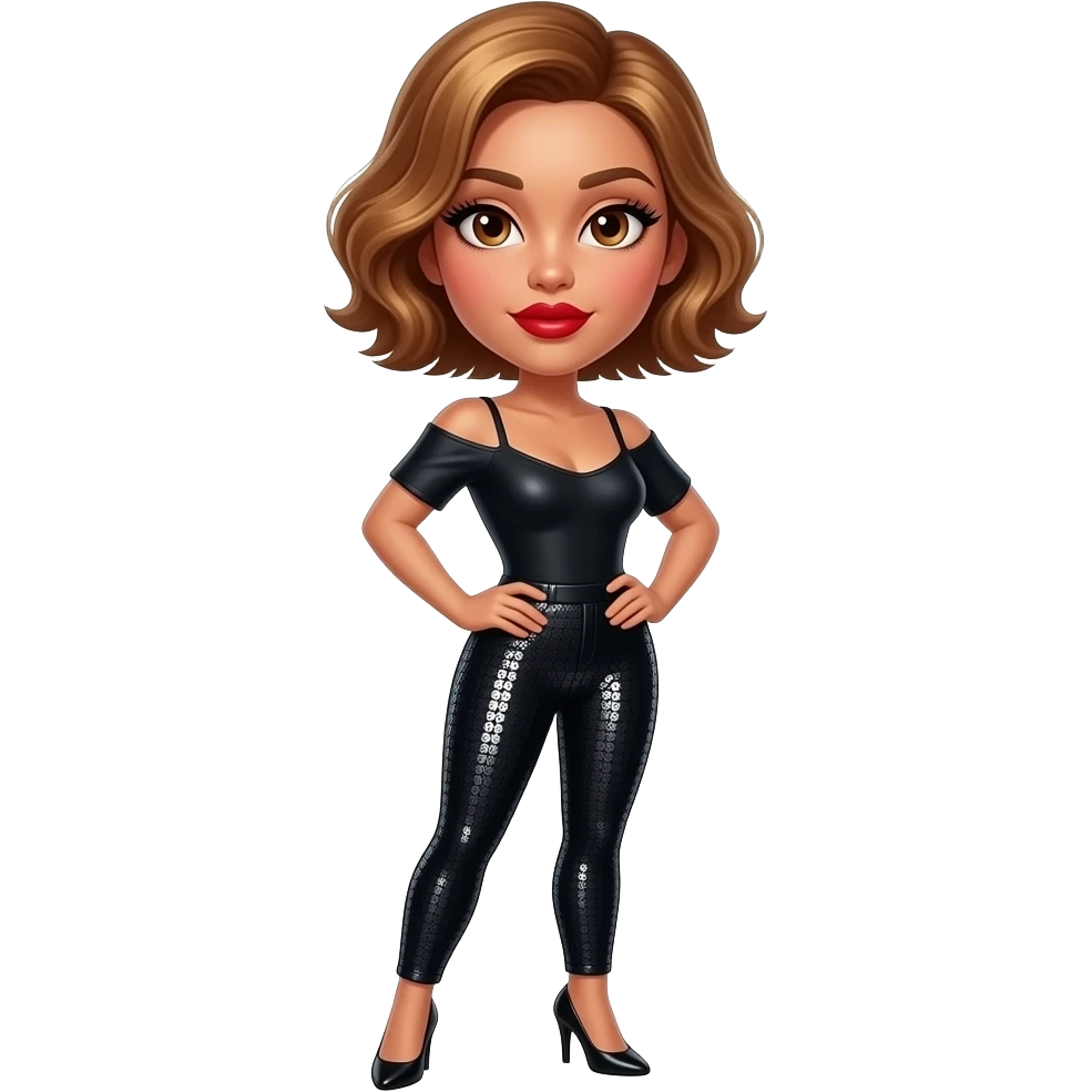glamours,-tanned,-very-beautiful-woman-with-big-plump-red-lips,-long-long-lashes,-honey-silky-very short- hair,-wavy-hair,-hazel-eyes- wearing-black-bodysuit-and-black-sequinned-pants-black-stilettos-shrugging-waist-up emoji