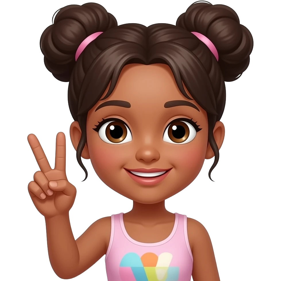 a light brownskin girl with two puffs putting up the peace sign emoji