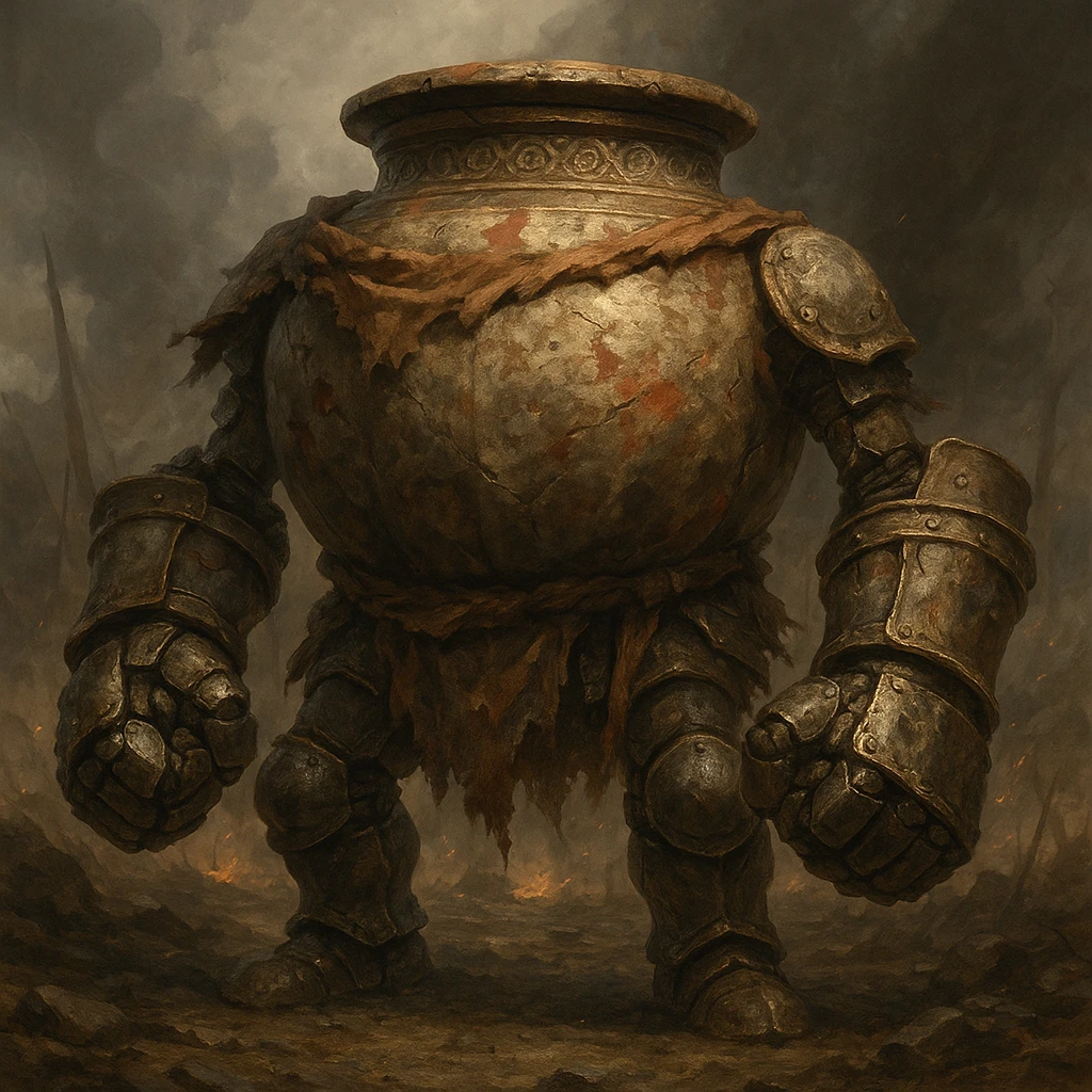 Alexandr Iron Fist, inspired by Elden Ring, massive living jar with iron fists, battle-worn, fantasy style, detailed, epic fantasy art emoji