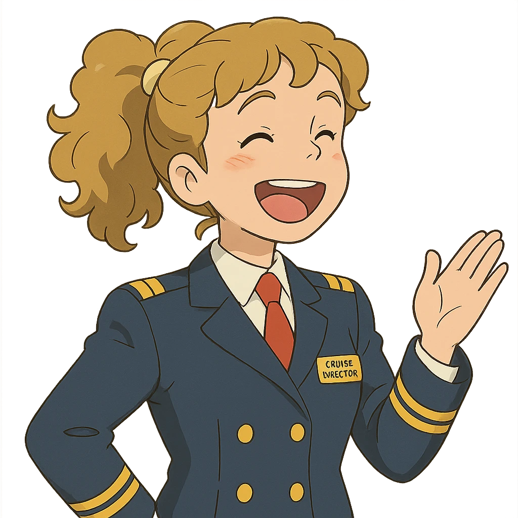 ghibli style girl cruise director with curly dirty blonde hair in a ponytail, very happy emoji