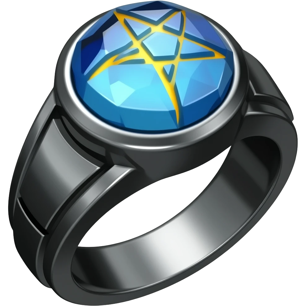 A black ring with with a large gem that's blue with a crack in it that glows yellow that has a pentacle carved into the gem emoji
