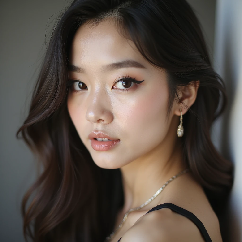 Jennie from Blackpink, close-up portrait, photorealistic, confident look, stylish makeup emoji