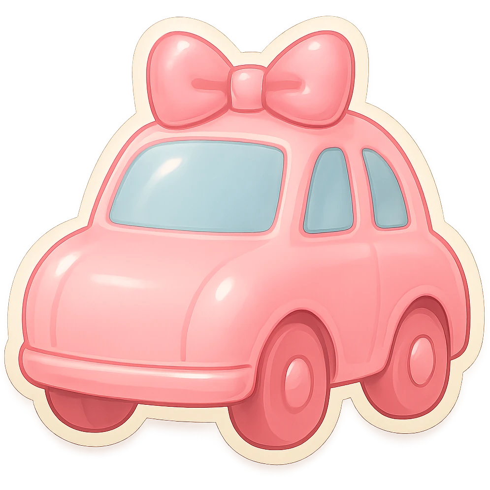 Remove the eyes from the light pink car with a bow, keep the retro stickers style and no background. emoji