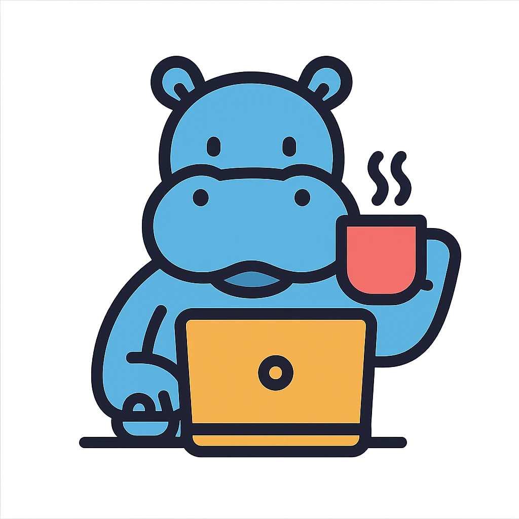 A cartoon hippopotamus who sits at a laptop and drinks coffee emoji