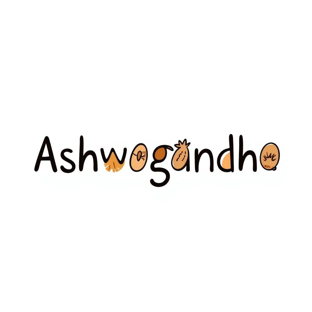The word "Ashwagandha" hand-drawn in a warm earthy color palette with browns, oranges, and subtle greens. Simple doodle style with minimal decoration. emoji