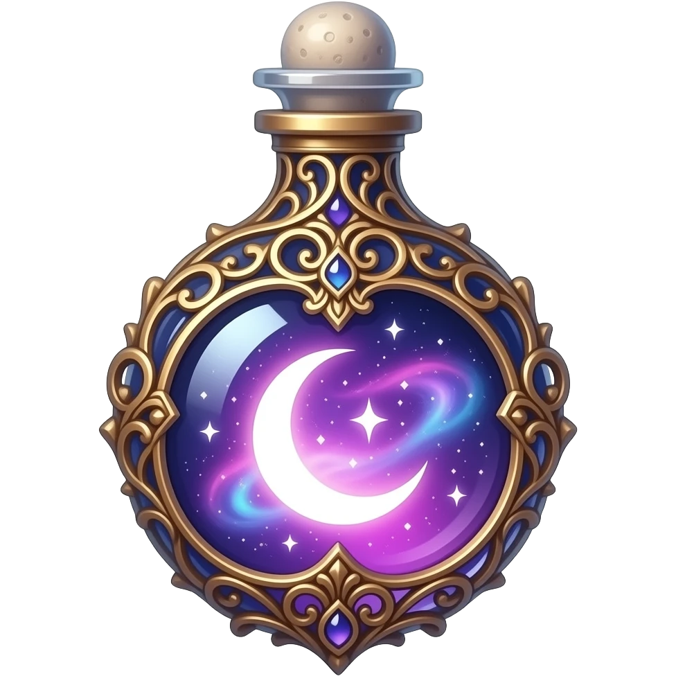 ornate glass vial with metallic filigree, swirling cosmic nebula inside, glowing purple‑pink‑blue light, crescent moon and tiny stars suspended in liquid, ethereal magical atmosphere emoji
