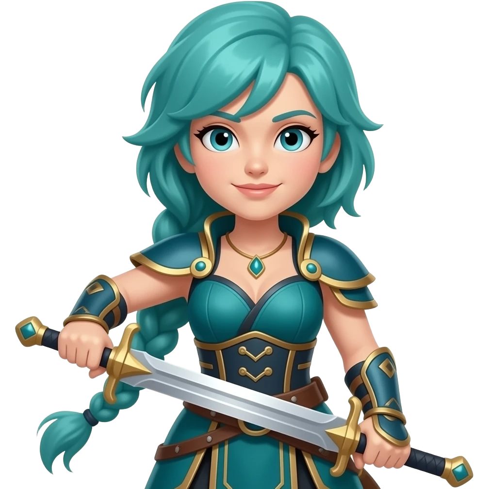 female warrior in teal with teal hair and sword emoji